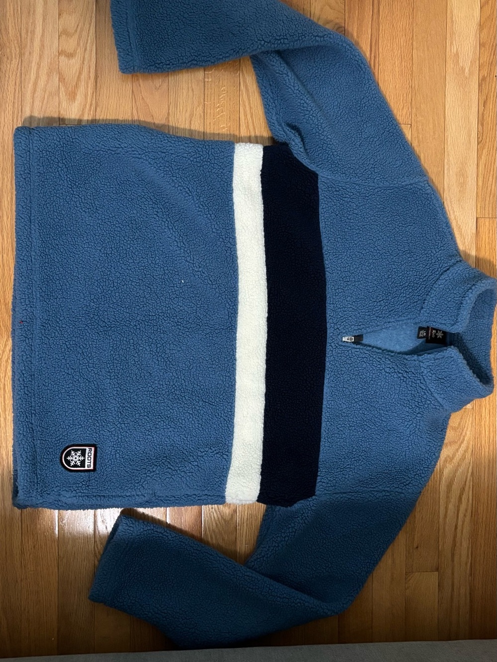 Roots Men's Blue Zip-Up Sherpa Pullover with Navy and Cream Stripes